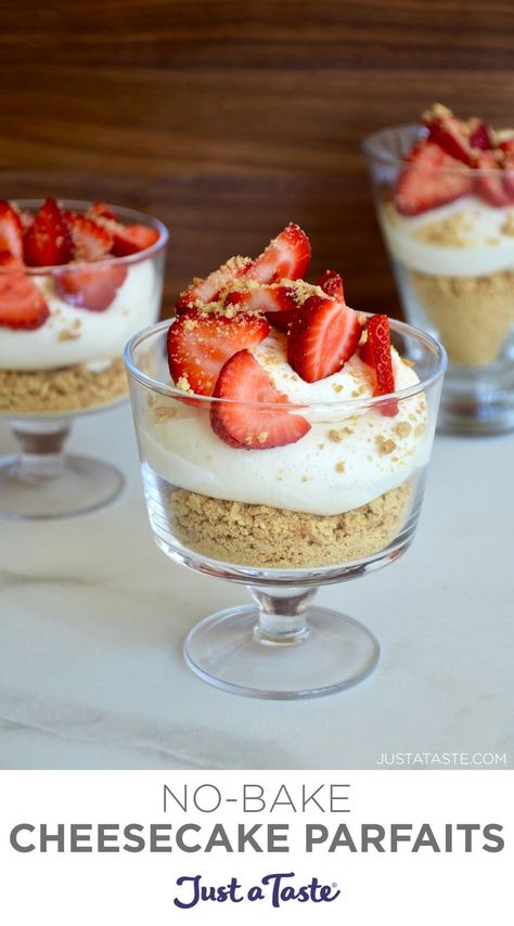 A parfait glass containing crushed graham crackers topped with creamy no-bake cheesecake and sliced strawberries. Cheesecake Parfait Recipes, No Bake Cheesecake Filling, Cheesecake Parfaits, Easy No Bake Cheesecake, Just A Taste, Baked Cheesecake Recipe, Make Ahead Desserts, Individual Desserts, Cheesecake Filling