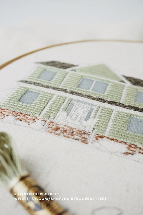 How To Embroider Your House, House Hand Embroidery, First Home Embroidery, How To Embroider A House, Embroidered House Portrait, Embroidery House Pattern, Embroidering Photos, House Embroidery Pattern, Architecture Embroidery