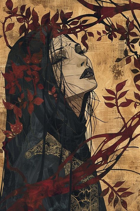 Introducing our 'Gothic Ukiyo-e Witch Decoupage Paper,' perfect for infusing your crafting projects with the mystical elegance of vintage tarot art. This high-quality decoupage paper features an Asian witch wearing a cloak, set against a beige background with a striking crimson tree design in the foreground, evoking the classic style of gothic ukiyo-e tarot cards. Decoupage, the art of layering images onto surfaces, is elevated with this unique witch-themed tissue paper. The intricate details of Vintage Tarot Art, Gothic Tarot Cards, Wand Ideas, Printed Furniture, Gothic Prints, Gothic Women, Vintage Colour Palette, Vintage Tarot, Gothic Tattoo