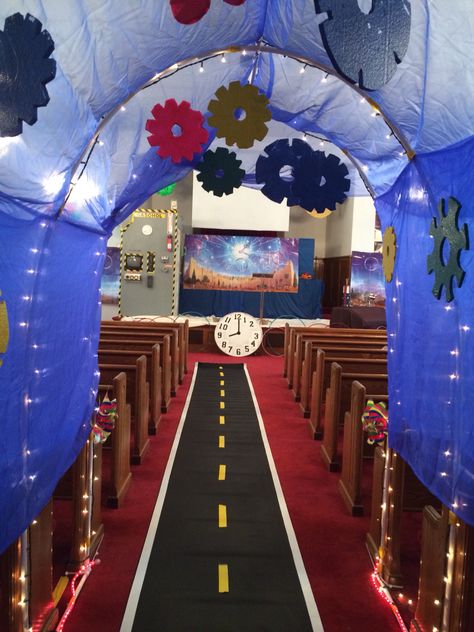 Portal into blast bash Time Machine Party Decorations, Time Machine Party, Time Travel Decorations, Time Travel Decorations Vbs, Time Machine Book Fair, Lifeway Vbs 2025 Magnified Decorations, Travel Bulletin Boards, Wonder Junction Vbs Decorations, Lifeway Vbs 2025 Magnified