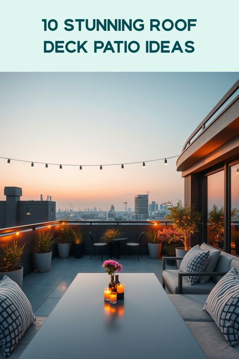 Looking to create your dream roof deck patio? Discover these 10 stunning ideas that will inspire your outdoor space! From cozy seating arrangements to stylish plants, you’ll find inspirations for every taste and style. Transform your roof deck into the ultimate oasis with decorative lighting, mini gardens, and unique furnishings that reflect your personality. Whether you're entertaining friends or enjoying a quiet night under the stars, these innovative ideas will take your patio to the next level. Check it out now and start planning your stylish retreat today! Roof Deck Lighting Ideas, Deck Patio Ideas, Rooftop Patio Design, Night Under The Stars, Mini Gardens, Small Fountains, Small Lanterns, Chic Lounge, Rooftop Patio