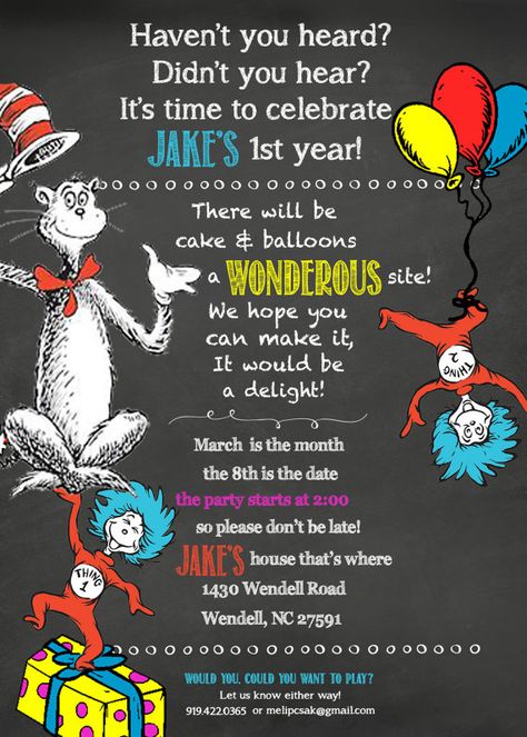 Cat In The Hat Birthday, Doctor Suess Birthday, Dr Seuss Party Ideas, Hat Birthday Party, 1st Birthday Chalkboard, Dr Seuss Birthday Party, Dr. Seuss, Dr Seuss Birthday, Seuss Party