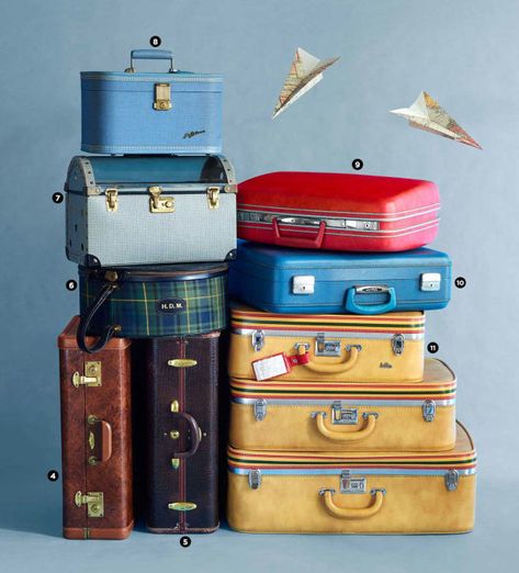 From luxury steamer trunks to monogrammed hatboxes, these vintage pieces hark back to the glory days of American travel.​ Diy Suitcase, Diy Travel Bag, Travel Trunk, Old Suitcases, Vintage Trunks, Vintage Suitcases, Steamer Trunk, Eva Mendes, Vintage Suitcase