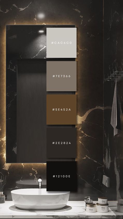 Bathroom Color Palette, Color Palette Interior Design, Flat Color Palette, Dark Bathrooms, Dark Modern, Dark Color Palette, Color Design Inspiration, Black Color Palette, Hex Color Palette