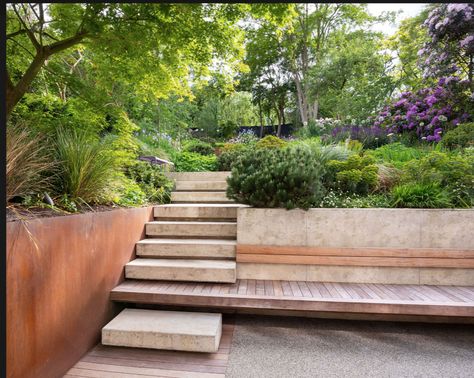 Skygge Planter, Steep Gardens, Sloped Backyard Landscaping, Garden Retaining Wall, Sloped Backyard, Garden Stairs, Tiered Garden, Garden Levels, Garden On A Hill