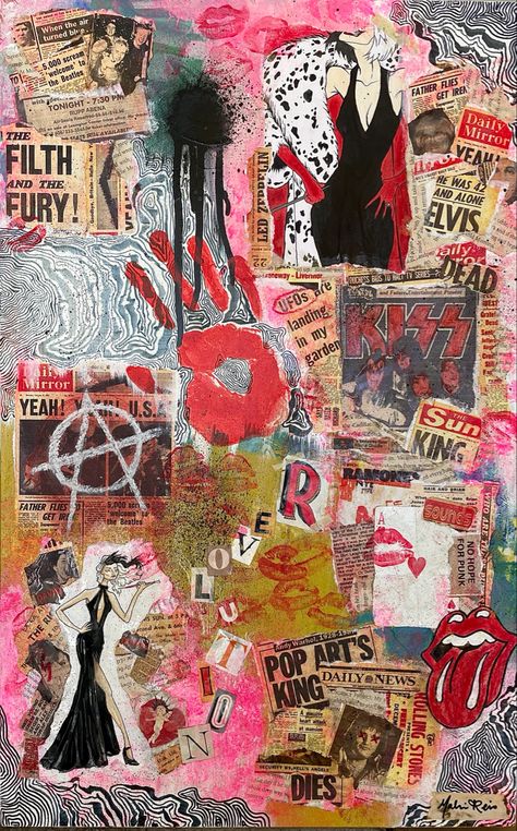 Punk Rock Collage Art, Punk Rock Painting, Rock N Roll Collage, Rock N Roll Painting, Rock And Roll Painting, 70s Rock And Roll Aesthetic, Punk Rock Art, Rock Collage, Collage Items