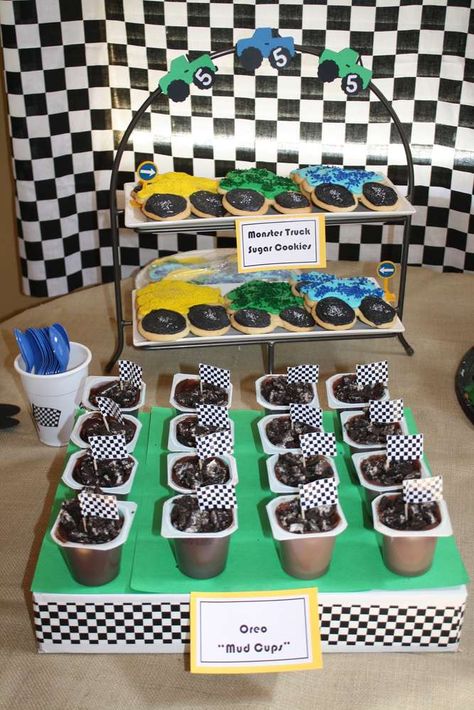 Monster Truck Ideas For Party, Monster Truck Sweet Table Ideas, Mud Birthday Party Ideas, Monster Truck Donut Party, 2nd Birthday Monster Trucks, 3 Year Monster Truck Party, Monster Truck Dirt Cups, Megladon Monster Truck Party, Mud Truck Birthday Party