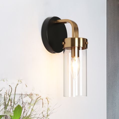 Bathroom Lighting Sconces, Gold Sconces, Black And Gold Bathroom, Sconces Living Room, Black Vanity Light, Primary Bathroom, Bathroom Sconces, Glass Vanity, Bathroom Wall Sconces