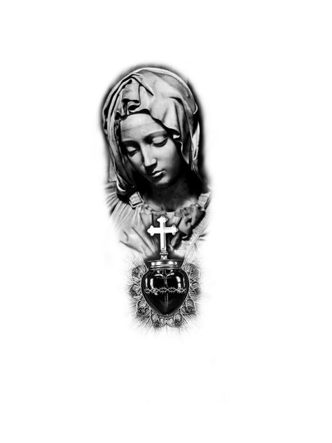 Ave Maria Tattoo, Design Tattoo, Sacred Heart, Tattoo Designs, Black And Grey, Jesus, Statue, Tattoos, Drawings