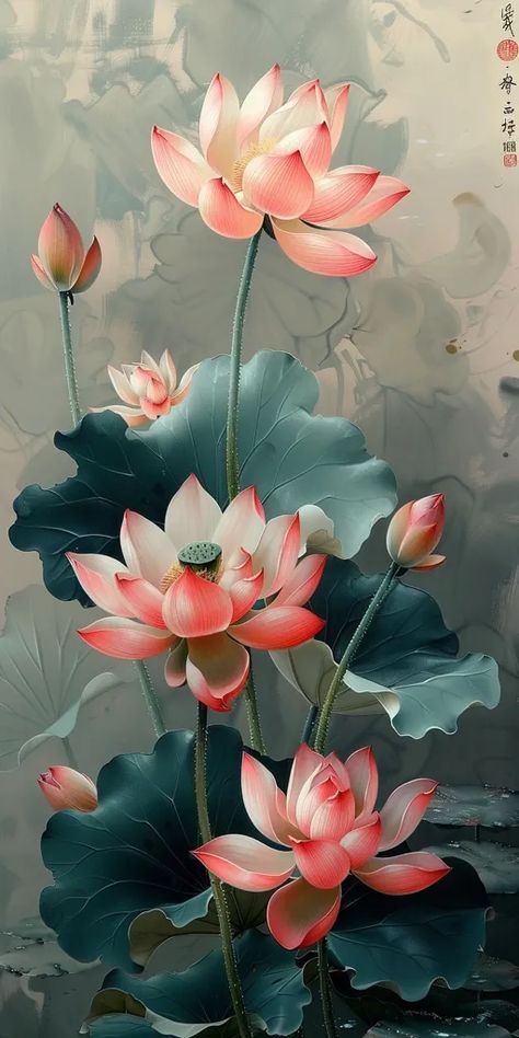 Midjourney AI Image: Lotus, new Chinese style decorative painting, soft and graceful shape, clear close-up texture of pet... → more in ai-img-gen.com Chinese Floral Painting, Lotus Flower Wall Painting, Lotus Flower Colors, Lotus Artwork, Japanese Lotus, Flower Pic, Lotus Flower Painting, Lucky Wallpaper, Lotus Painting