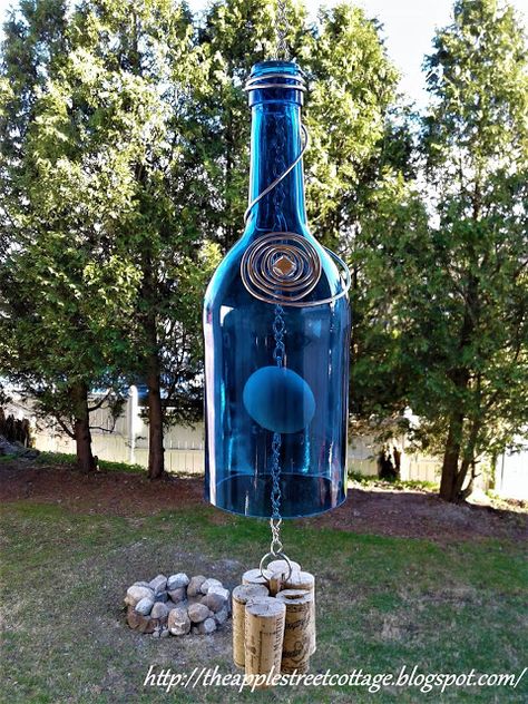 The Apple Street Cottage: Wine Bottle Wind Chime Wine Bottle Wind Chimes Ideas, Bottle Wind Chimes Diy, Wine Bottle Wind Chime Diy, Bottle Windchimes, Wine Bottle Chimes, Bottle Wind Chimes, Bottle Chimes, Diy Wine Bottle, Bottle Projects