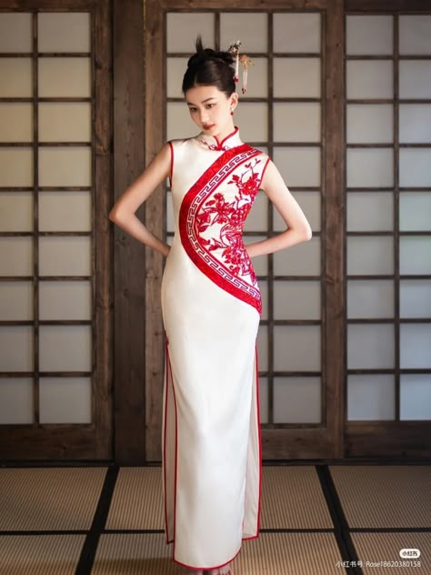 Cheong Sam Modern, Chinese Qipao Modern, Cheongsam Sangjit, Asian Nail Designs, Chinese Inspired Fashion, Atla Fire Nation, Sangjit Dress, Qipao Gown, Cheongsam Design