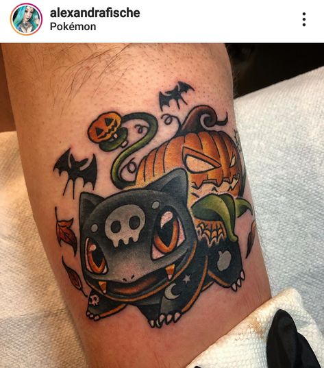 Halloween Bulbasaur, Enough Tattoo, Whimsical Tattoos, Pumpkin Tattoo, Nerd Tattoo, Wicked Tattoos, Clever Tattoos, Scary Tattoos, Pokemon Tattoo