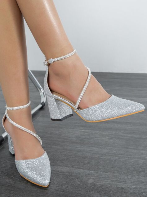 Glamorous Ankle Strap Pumps For Women, Glitter Rhinestone Decor Party Chunky Heeled Pumps | SHEIN USA Silver Heels Short, Blue Lengha, Elegant Chunky Heels, Silver Block Heels, Silver Wedding Shoes, Closed Toe Heels, Heeled Pumps, Womens Chunky Heels, Bridesmaid Shoes