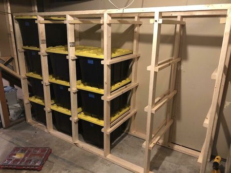 Slide Out Storage Bins, 2x4 Garage Storage, Floating Bin Storage, Shed Interior Ideas Storage, Attic Bin Storage, Totes Storage Shelves, Black And Yellow Tote Storage, Costco Bin Storage, Storage Shelves For Totes