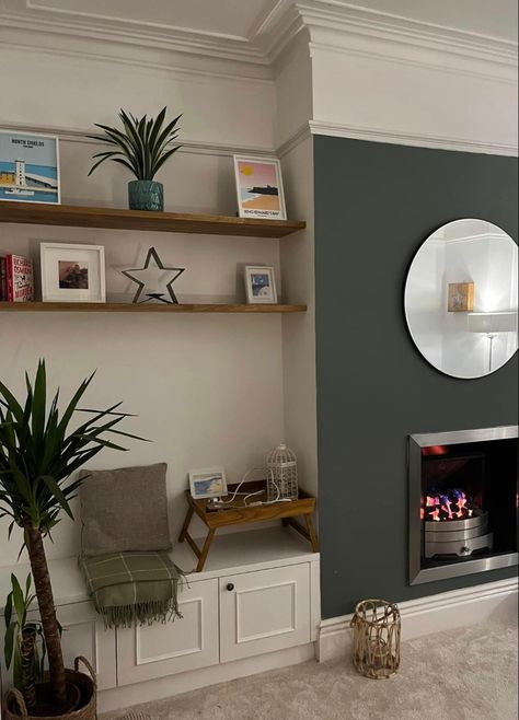 Alcove Feature Wall, Sage Green Living Room Dado Rail, Single Alcove Ideas Living Room, Alcove Seating Ideas Living Room, Small Cosy Living Room Ideas, Green Feature Wall Living Room, Lounge Layout, Shelf Styling Living Room, Alcove Seating