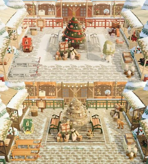 Acnh Winter Build Ideas, Acnh Christmas House Ideas, Acnh Holiday Island, Acnh Winter Market, Christmas Market Animal Crossing, Acnh Xmas Designs, Acnh Christmas Entrance, Acnh Christmas Stall, Acnh Winter Island Ideas