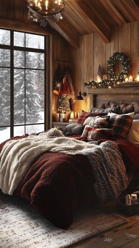 Cozy Winter Bedroom Decor, Winter Bedding Cozy, Cozy Christmas Bedroom Aesthetic, Christmas Bedrooms Cozy, Cozy Cabin Bedrooms, Cozy Winter Bedroom, Cabin Bedrooms, Layered Textiles, Winter Bedroom Decor