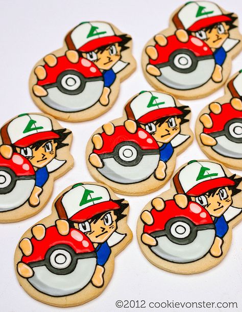 Ash with a Pokeball Pokemon Cookies (Cookievonster) Pokemon Cookies, Pokemon Cupcakes, Cake Paris, Meme Party, Cookie Glaze, Pokemon Cake, Pokemon Ash, Pokemon Birthday Party, Pokemon Party