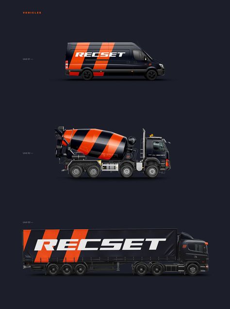 Recset Visual Identity on Behance Truck Branding Design, Vehicle Graphics Branding, Truck Wraps Graphics, Transport Logo, Logistics Logo, Vehicle Branding, Logo Design App, Truck Wrap, Truck Graphics