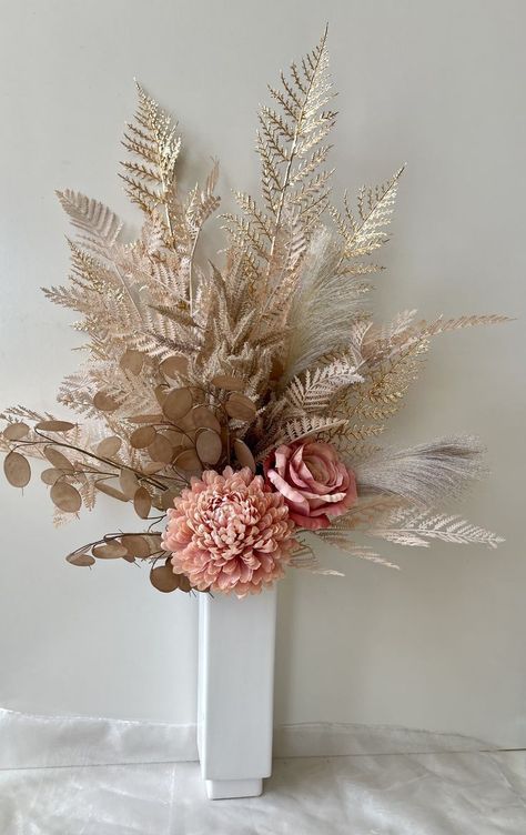 Large Dried Floral Arrangements, Rose Gold Flower Arrangements, Large Dried Flower Arrangements, Gold Flower Arrangements, Artificial Flower Decor, Dried Flowers Arrangement, Artificial Arrangements, Floral Designs Arrangements, Ribbon Flowers Bouquet