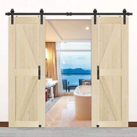 S&Z TOPHAND Paneled Wood Unfinished Double Barn Door with Installation Hardware Kit | Wayfair Knotty Pine Doors, White Barn Door, Wood Barn Door, Glass Barn Doors, Door Sliding, Knotty Pine, Metal Barn, Sliding Closet Doors, Double Barn Doors