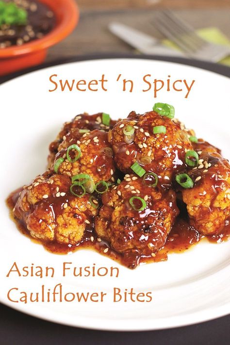 Spicy Cauliflower Bites, Sticky Sauce, Sweet N Spicy, Spicy Cauliflower, Vegan Cauliflower, Cauliflower Bites, Baked Cauliflower, Asian Fusion, Cauliflower Recipes