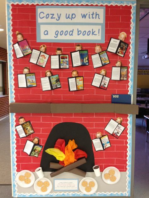 Heather McCarty • 46 weeks ago Here's my Winter Bulletin Board. The kids LOVE it.   Bulletin Board for January. Can be used to display students book reports. Book Report Bulletin Board, Winter Displays School, Book Review Bulletin Board, Cozy Up With A Good Book Bulletin Board, Holiday Bulletin Boards For Preschool, Book Door Decorations Classroom, Book Bulletin Board, Library Decorations, Winter Bulletin Board