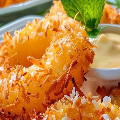 Lizzie Ann Lowery on Instagram: "Rum-Soaked Fried Pineapple with Coconut Crust  Ingredients: 8 pineapple rings 1 cup dark rum 1 cup coconut rum 1 1/2 cups all-purpose flour 1 (10-oz.) bag sweetened coconut 2 large eggs 1/2 cup coconut milk Vegetable oil, for frying 4 oz. cream cheese, softened 1/2 cup powdered sugar Directions: Place pineapple rings in a medium bowl. Cover with rum and let soak for at least 1 hour. Drain and reserve rum. Pat pineapple dry. Place flour and coconut in 2 shallow bowls. In a third shallow bowl, whisk eggs and coconut milk together. Working one at a time, dip pineapple in flour, then egg mixture, then in coconut, pressing to coat. In a deep, heavy bottom pot, add enough oil to come 1-inch up sides. In batches, add pineapple and fry until golden, 1 minute per si Fried Pineapple, Coconut Crust, Shallow Bowls, Pineapple Rings, Bowl Cover, Shallow Bowl, Dark Rum, Coconut Rum, Egg Whisk