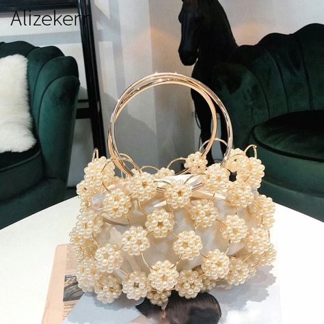 Hollow Out Pearl Ball Evening Bag Women 2019 Korean Handmade Metallic Ring Handle Ladies Beaded evening Clutch Bag Purses Gold _ - AliExpress Mobile Classy Purses, Hand Beaded Bag, Diy Bag Designs, Beaded Evening Bags, Party Clutch, Pearl Bag, Ring Handle, Beaded Handbag, Beaded Purses