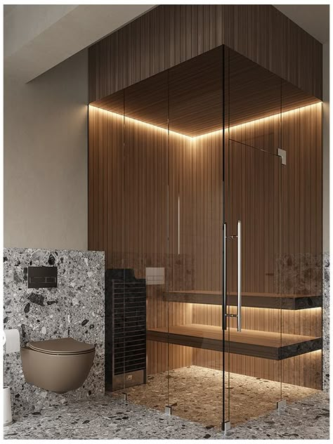 Home Spa Layout, Sauna Glass Wall, Sauna Interior Design, Glass Sauna, African Bathroom, Sauna Bathroom Design, Modern Saunas, Sauna Bathroom, Outdoor Interior Design