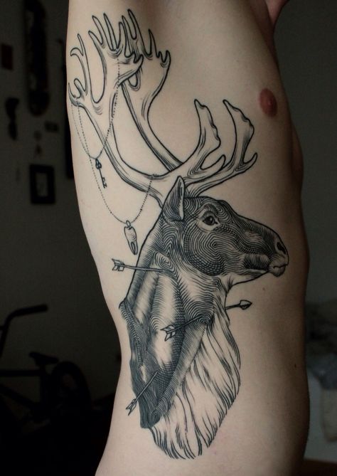 Caribou tattoo Aki Tattoo, Mens Side Tattoos, Moose Tattoo, Deer Tattoo Designs, Stag Tattoo, Tattoo Trend, Deer Tattoo, Tattoo Zeichnungen