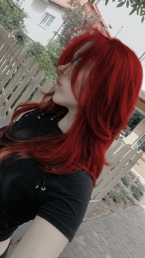 Red Long Straight Hair, Girls With Red Hair Dyed, Dyed Red Hair Face Claim, Red Alt Hair, Red Emo Hair, Apple Haircut, Emo Red Hair, Red Hair Wolf Cut, Red Hair Bright