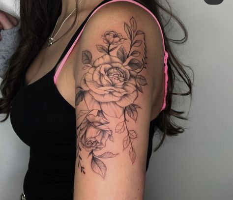 Upper Arm Rose Tattoo, Rose Upper Arm Tattoo, Rose Sleeve Tattoo Women, Arms Tattoos For Women, Rose Shoulder Tattoos For Women, Rose Tattoo Sleeve, Rose Shoulder Tattoo, Upper Arm Tattoos, Floral Tattoo Sleeve