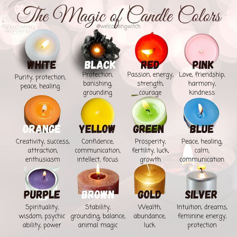 Discover the power of candle colors in witchcraft with this comprehensive guide! Each candle color meaning holds specific energies that enhance spells and rituals, helping to amplify your magical intentions. Learn how white candles promote peace and protection, green candles attract money and prosperity, and red candles ignite love and passion. Whether you're new to candle magic or looking to deepen your practice, this guide will help you choose the right candle color for every spell. Perfect... White Candle Witchcraft, Wax Color Meanings Witchcraft, Candle Spell For Success, Diy Spiritual Candles, Prosperity Candle Spell, Witch Candle Color Guide, Candle Colors Witchcraft, Making Spell Candles, Ritual Candle Color Meanings