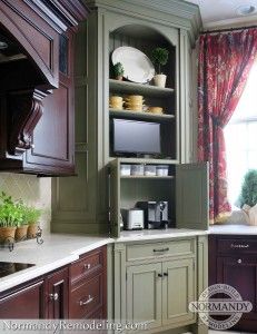 I love this green painted appliance garage! Great idea to eliminate cluttered countertops. Diy Kitchen Appliance Garage, Corner Bench Kitchen Table, Kitchen Appliance Garage, Appliance Garage, Ikea Kitchen Design, Galley Style Kitchen, Countertop Appliances, Small Kitchen Decor, Diy Kitchen Storage