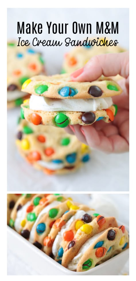 Make your own M&M ice cream sandwiches for summer! Two bakery-style M&M cookies with a scoop of vanilla ice cream sandwiched in between. Delicious and so fun! M&m Ice Cream Cake, M&m Ice Cream Sandwich, M&m Cookie Ice Cream Sandwich, M&m Ice Cream, Sandwich Recipe Videos, Ice Cream Shakes, Vanilla Ice Cream Sandwich, Frozen Treats Recipes, Cookie Recipes For Kids