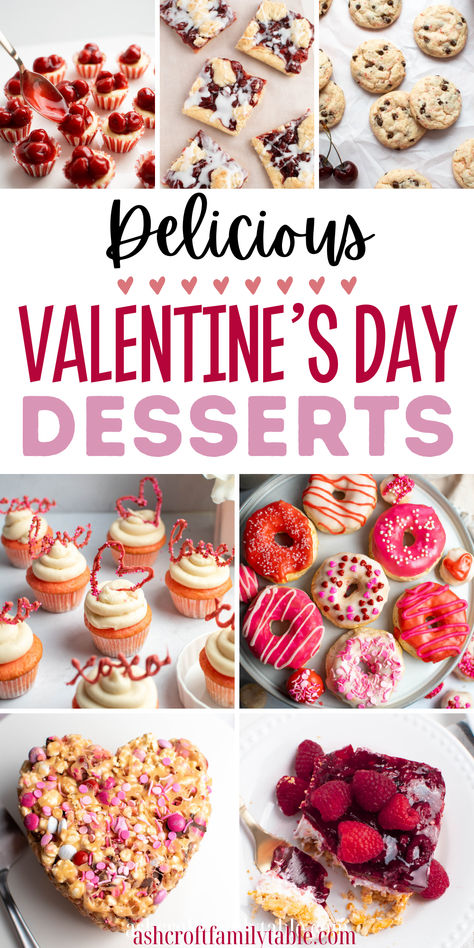 Collage of homemade Valentine's Day desserts, treats, and sweets for a party. Valentine Party Dessert Table, Valentines Desserts, Valentines Party Food, Romantic Dinner For Two, Party Dessert Table, Valentines Day Dinner, Valentine Desserts, Valentines Day Desserts, Desserts For A Crowd