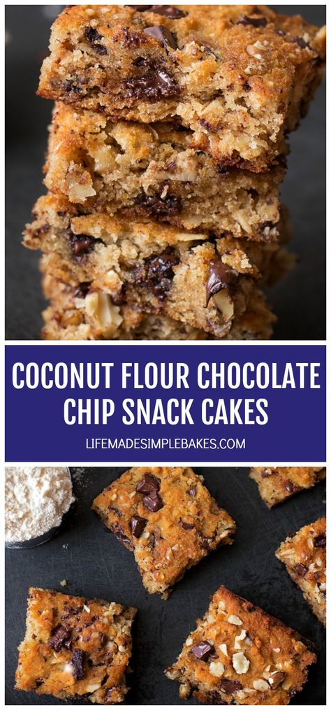 This coconut flour chocolate chip snack cake is loaded with nutritious and wholesome ingredients. Its healthy, packed full of protein and is the perfect way to satisfy your sweet tooth! #coconutflourchocolatechipsnackcake #chocolatechipsnackcake #coconutflour #healthydesserts #snackcakes Chocolate Chip Snack Cake, Baking With Coconut Flour, Coconut Flour Recipes, Pumpkin Waffles, Dairy Free Chocolate, Snack Chips, Snack Cake, Family Favorite Meals, Allergy Free