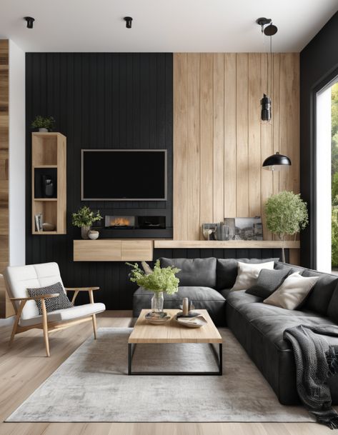 49 Black Accent Wall Ideas To Transform Your Living Room Into A Stylish Haven Black And Natural Wood Accent Wall, Black Wood Accent Wall Living Room, Black Wall With Wood Accents, Black Feature Wall Living Room, Black Accent Wall Ideas, Black Accent Wall Living Room, Black Accent Wall, Natural Wood Decor, Georgia House