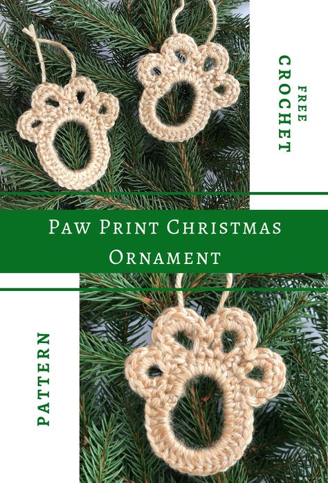 A quick and easy free crochet pattern for Paw Print Christmas Tree Ornaments.  Perfect for gift giving and stocking stuffers.  Crochet Pet Lovers.  #crochetchristmas #crochet #christmasornamentdiy #ilovecrochet #easycrochetpattern #freecrochetpattern Paw Print Christmas, Crochet Christmas Ornaments Free, Crochet Ornament Patterns, Christmas Crochet Patterns Free, Crochet Snowflake Pattern, Crochet Xmas, Crochet Christmas Decorations, Crochet Snowflakes, Holiday Crochet