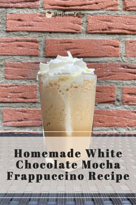 If you're looking for a delicious and refreshing coffee recipe, look no further than this white chocolate mocha Frappuccino. It's perfect for summer days or anytime you need an energizing pick-me-up. Coffee Recipes With White Chocolate Syrup, White Chocolate Mocha Starbucks Recipe Frappuccino, Easy Mocha Frappe Recipe, Starbucks White Chocolate Frappuccino, White Mocha Frappuccino Recipe, White Chocolate Frappuccino Recipe, White Mocha Frappe Starbucks, White Chocolate Mocha Frappuccino Recipe, Iced White Chocolate Mocha At Home