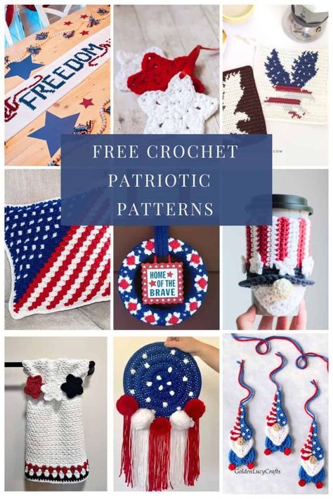 A roundup of 25 patriotic red, white and blue crochet patterns curated by Nana's Crafty Home! From American Flag inspired blankets to home decor and so much more! Be inspired to show off your American spirit with these free crochet patterns! Red White And Blue Crochet Patterns, Crochet Independence Day, Crochet Memorial, Patriotic Crochet Patterns, 4th Of July Crochet, Crochet Gnomes Pattern Free, Patriotic Crochet, Amigurumi Rainbow, Crochet Craft Fair