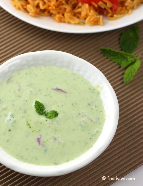 Mint Raita Recipe With Step By STep Photos - How to Make Pudina Raita Raitha Recipes, Mint Raita Recipe, Raita Recipe Indian, Mint Raita, Snack Design, Yogurt Curry, Raita Recipe, Indian Salads, Veg Pulao