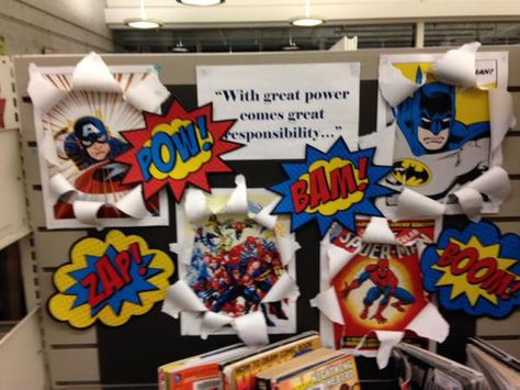 Graphic Novel Display, School Display, Library Book Displays, Library Display, Library Activities, School Displays, Library Art, Library Displays, Book Display