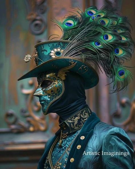 Venetian Costumes Men, Theater Mask Aesthetic, Peacock Masquerade Mask, Venetian Outfit, Chameleon Costume, Fantasy Masquerade, Masquerade Ball Outfits, Romantic Halloween, Peacock Mask