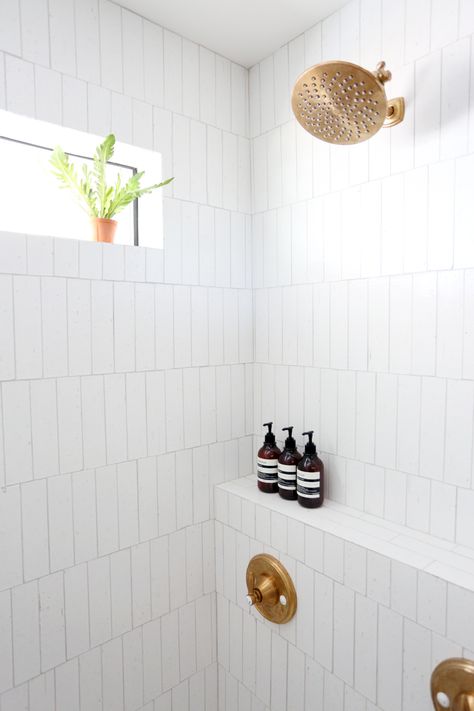 Like the vertical, staggered placement. Rhythmic Cellar 2" x 9" Terra Cotta Subway Tile in White Sherwin Williams Sea Salt, White Subway Tile Bathroom, Evergreen House, Subway Tile Showers, Subway Tiles Bathroom, White Subway Tiles, White Subway Tile, Basement Bathroom, Main Bathroom