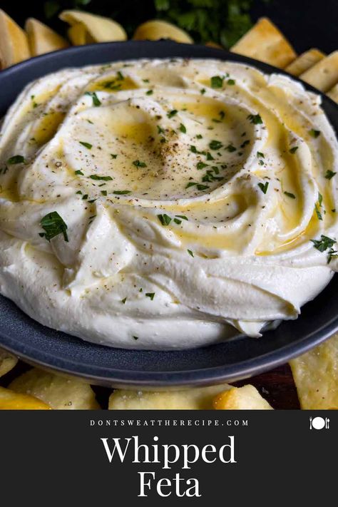 This Whipped Feta combines salty feta cheese with a few other simple ingredients, resulting in an irresistible creamy, tangy, luscious consistency that is perfect for spreading, dipping, or dolloping. Feta Cheese Dip, Chicken Pinwheels, Feta Dip, Whipped Feta, Pita Chips, Crushed Red Pepper Flakes, Yummy Dips, Party Food Appetizers, Grilled Meat