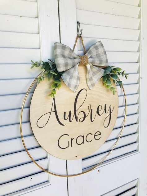 Baby Door Sign, Hospital Door Hanger Girl, Girls Door Sign, Baby Door Signs, Hospital Door Hanger, Flower Nursery Decor, Gray Ribbon, Hospital Door Hangers, Hanger Ideas