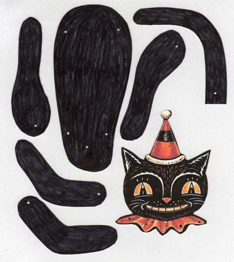 Vintage Halloween Crafts Diy, Paper Doll Cat, Halloween Cat Face, Halloween Paper Dolls, Vintage Happy Halloween, Vintage Halloween Crafts, Vintage Halloween Cat, Vintage Halloween Party, Vintage Halloween Art